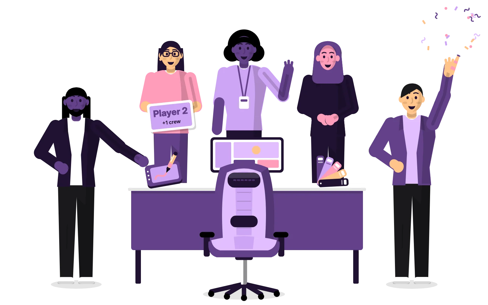 Illustration: an empty lilac gaming seat at a desk, the team standing behind it